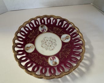 Royal Sealy Vintage Saucer Scalloped Gold Red Victorian Footed Japan