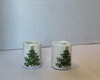 Vintage miniatuur porseleinen kandelaars met kerstboomontwerp - 2