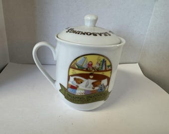 Vtg 1985 Celestial Seasonings Sleepytime Bear & Kids Herbal Tea Cup w/Lid EUC