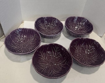 Bordallo Pinheiro Purple Cabbage Small Bowls Made in Portugal Rare Set of 5 5”