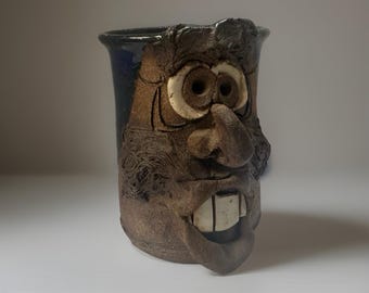 Vintage 3-D Ugly Face Pottery Stoneware Coffee Mug Cup Blue Signed K Greer Funny
