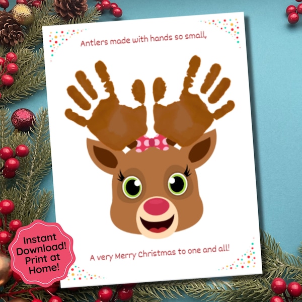 Christmas Handprint Art, Reindeer Handprint Craft Daycare Activity, Toddler Activity, Preschool Craft, Baby Kids Printable Craft Keepsake