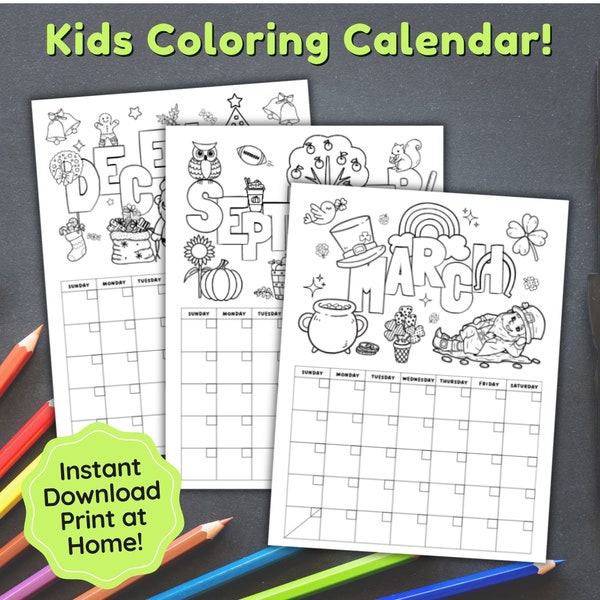 Printable Coloring Calendar for Kids, Monthly Coloring Pages, Undated Themed Calendar Printable, Kids Toddlers Homeschool Daycare Calendar