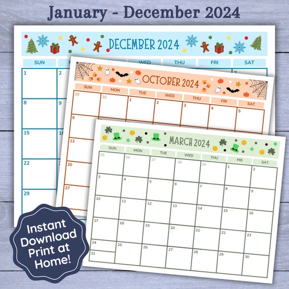 2024 Calendar, Decorative Printable Calendar, New Years Resolution Calendar,  Holiday Seasonal Themed Calendar, Monthly Planner 2024, School - Etsy