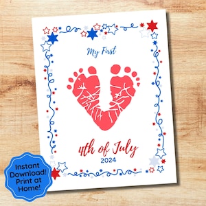 4th of July Baby Footprint Art, Printable Keepsake, Baby&#39;s First 4th of July, Footprint Craft for Mom, Gift from Kids, July 4th Keepsake