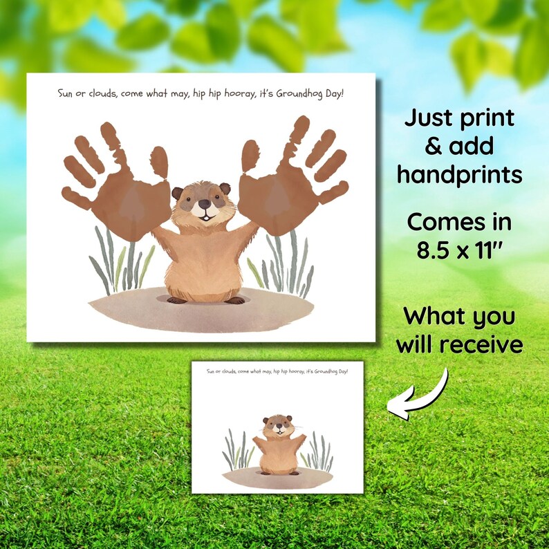 Peut inclure: Artisanat imprimable pour enfants sur le th&egrave;me du Jour de la Marmotte. L'imprimable pr&eacute;sente une marmotte de dessin anim&eacute; avec le texte "Sun or clouds, come what may, hip hip hooray, it's Groundhog Day!" L'imprimable mesure 8,5 pouces sur 11 pouces.