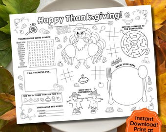 Thanksgiving Placemat, Thanksgiving Activity Mat for Kids, Dinner Placemat for Toddler, Thankful for Activity, Preschool Thanksgiving Craft