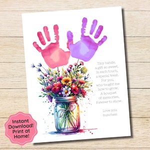 Arte de huellas de manos del Día de las Madres, Ramo de huellas de manos, Flores de huellas de manos Artesanía para niños pequeños, Actividad preescolar, Regalo del Día de las Madres de los niños, Regalo para mamá