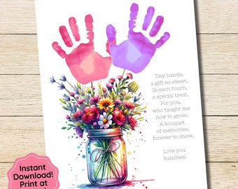 Mothers Day Handprint Art, Handprint Bouquet, Handprint Flowers Toddler Craft, Preschool Activity, Mothers Day Gift from Kids, Gift for Mom