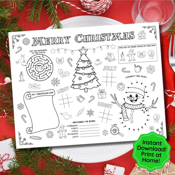 Christmas Placemat for Kids, Toddler Christmas Activity, Preschool Activity Christmas Table Mat, Dinner Place Mat for Child Holiday Activity