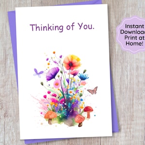 Je pense à toi Carte imprimable, Carte d'encouragement, Félicitations, Tu me manques, Guéris bientôt, Sympathie, Floral, Vide à l'intérieur, Fête des mères