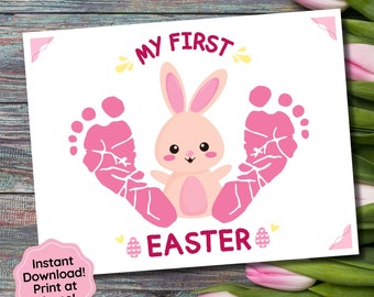Arte de huellas de bebé: mi primera manualidad de Pascua, recuerdo de bebé: huella de mano, arte de Pascua con huella de conejo, arte de Pascua con huella de bebé