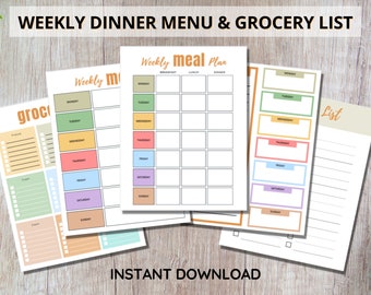 May include: Printable weekly meal planner and grocery list template. The template features a colorful design with a light brown background and a light blue, light green, light pink, and light orange color scheme. The template includes sections for breakfast, lunch, dinner, and a grocery list.
