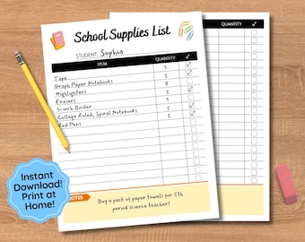 May include: A printable school supply list with a checklist for a student named Sophia. The list includes items like tape, graph paper notebooks, highlighters, erasers, a 3-inch binder, college ruled spiral notebooks, and red pens. The list has a section for quantity and a checkmark column.