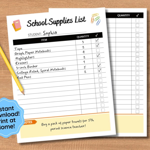 Back to School Shopping Supplies List, School Checklist, High School, Middle, Elementary, Kindergarten, College, Kids Supplies Printable