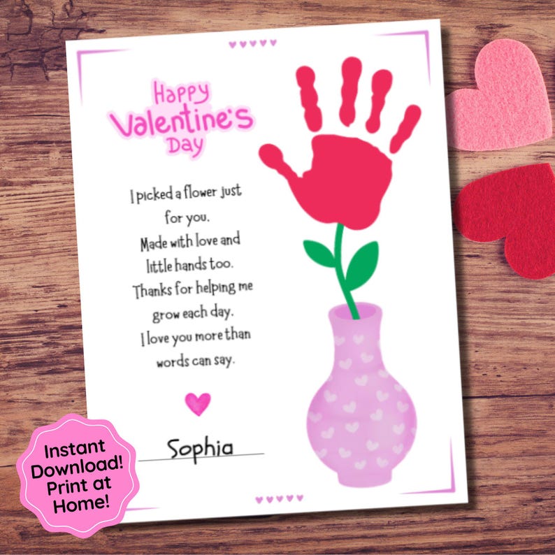 Valentine Handprint Craft for Kids, Flower Poem Keepsake, Printable ...