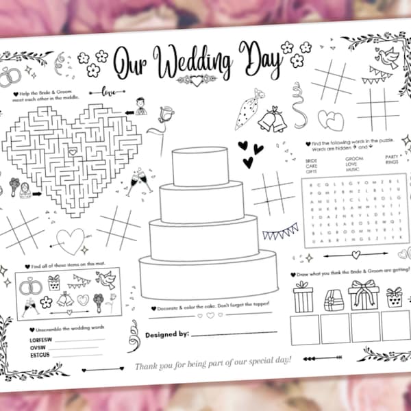 Wedding Placemat for Kids, Printable Paper Place Mat, Reception Toddler Table, Coloring Fun, Kids Wedding Activity