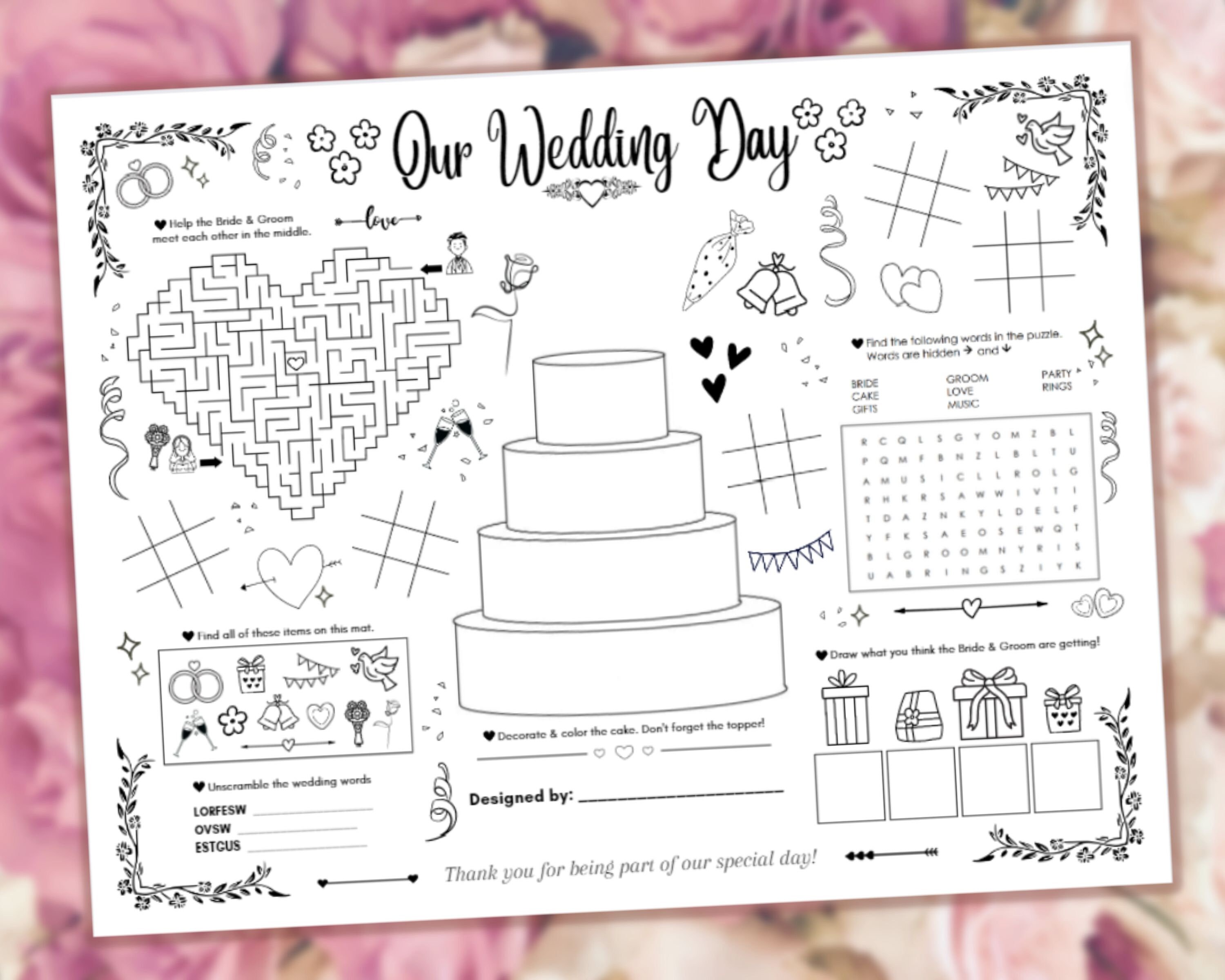 Wedding Placemat for Kids, Printable Paper Place Mat, Reception Toddler ...