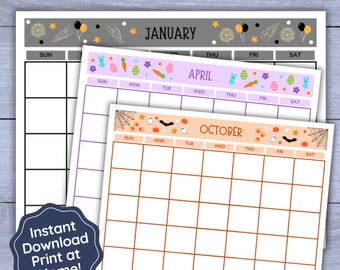 Calendario decorativo imprimible, calendario 2025, calendario de propósitos de Año Nuevo, calendario de temporada con temática festiva, calendario mensual infantil