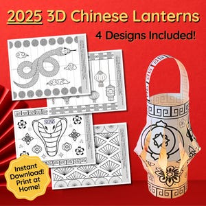Lanterne di Capodanno cinese Lanterne di carta 3D stampabili, Lanterna dell'anno del serpente, Lanterne di carta stampabili Decorazione per feste Attività scolastica