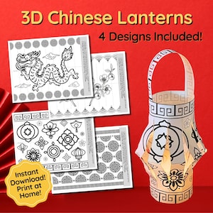 Lanterne di Capodanno cinese Lanterne di carta 3D stampabili, Lanterna dell'anno del drago, Lanterne di carta stampabili Decorazione per feste Attività scolastica