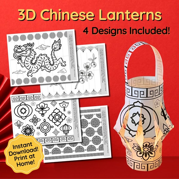 Chinese New Year Lanterns Printable 3D Paper Lanterns, Year of the Dragon Lantern, Printable Paper Lanterns Party Decoration School Activity