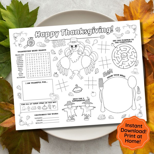 Thanksgiving Placemat, Thanksgiving Activity Mat for Kids, Dinner Placemat for Toddler, Thankful for Activity, Preschool Thanksgiving Craft