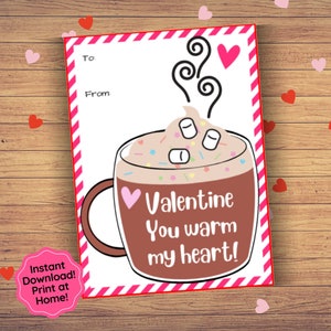 Valentines Day Cards for Kids, Printable Hot Cocoa Cards, School Valentine&#39;s Day Cards, Class Valentine Cards, Preschool Valentine Day Cards