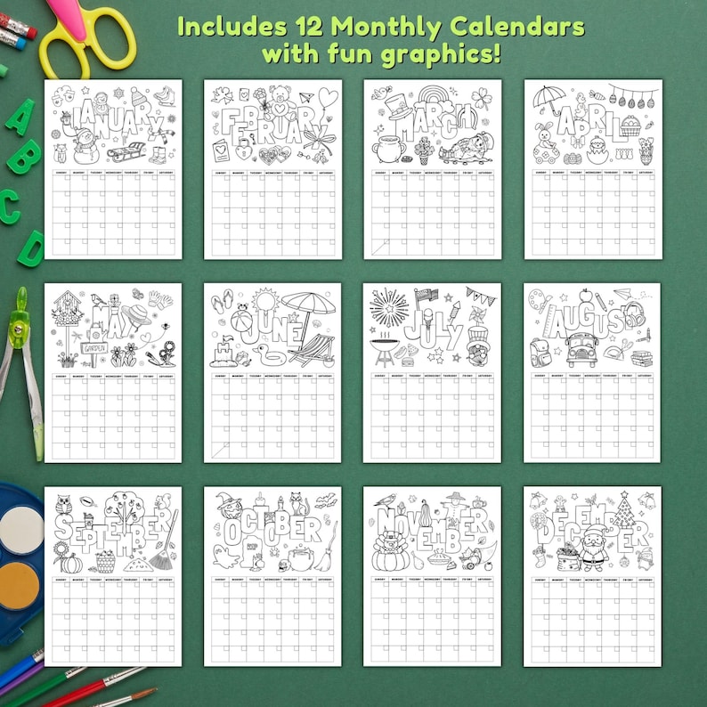 Printable Coloring Calendar for Kids, Monthly Coloring Pages, Undated ...