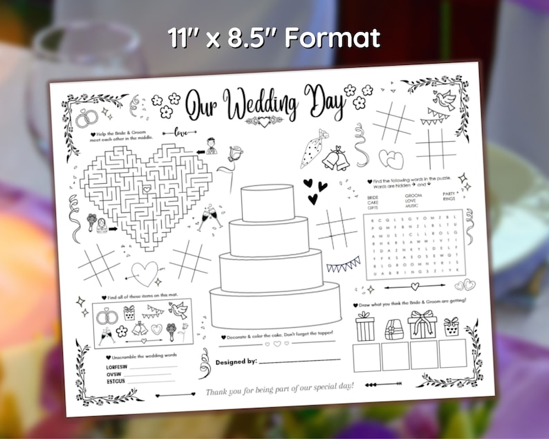 Wedding Placemat for Kids, Printable Paper Place Mat, Reception Toddler ...