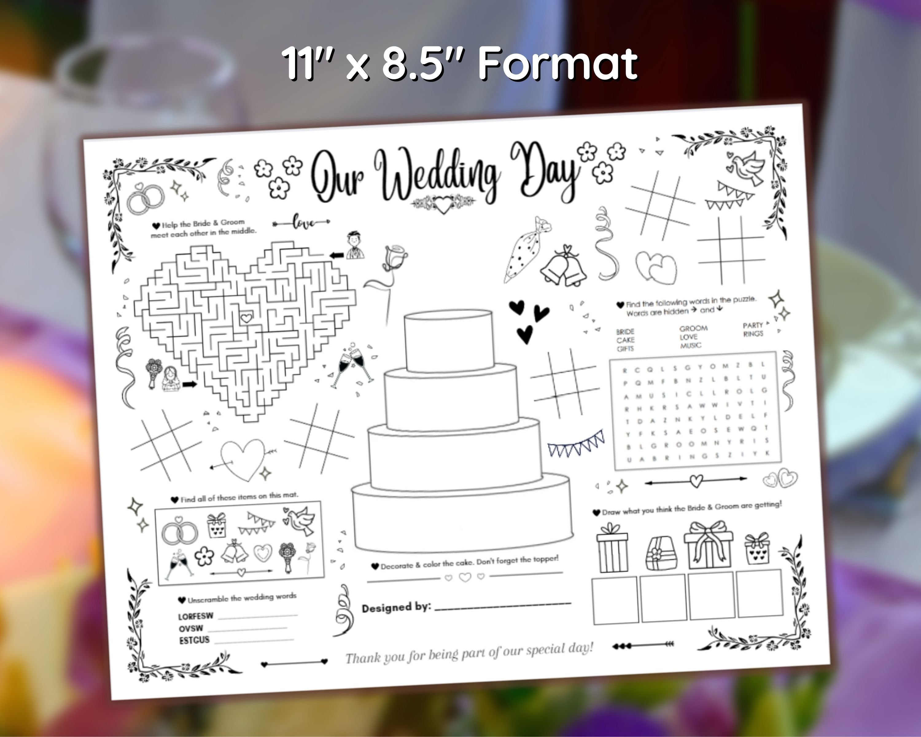 Wedding Placemat for Kids, Printable Paper Place Mat, Reception Toddler ...