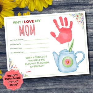 Mothers Day Craft Handprint Art, Why I Love Mom Handprint Craft, Keepsake for Mom Poem, Printable Mothers Day Gift, Kids Toddler Preschool