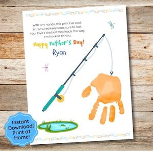 May include: A printable Father's Day card with a handprint, a fishing rod, and a pond. The card includes the text "Happy Father's Day!" and "Ryan".