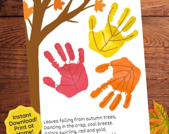 Falling Leaves Handprint Art, Preschool Crafts, Thanksgiving Crafts, Toddler Craft, Printable Keepsake, Autumn Poem, Kids Handprint Tree Art