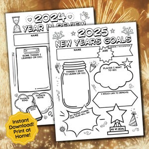 New Years Goals Digital Download, 2025 New Years Printable Year in Review Vision Board Instant Download School Printable Coloring Goal Chart