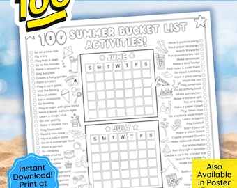Kids Summer Bucket List Printable Poster, Summer Scavenger Hunt, Summer Calendar Coloring Page, Summer To Do List Activity Planner Download