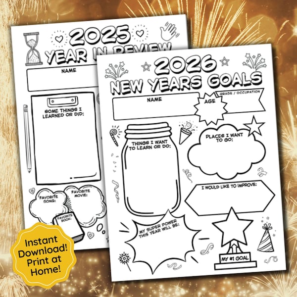 New Years Goals Digital Download, 2026 New Years Printable Year in Review Vision Board Instant Download School Printable Coloring Goal Chart