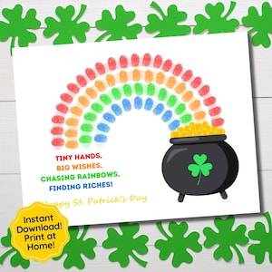 Artisanat d'empreintes digitales de la Saint-Patrick pour les tout-petits, activité artistique d'empreintes de main à la garderie, pot d'arc-en-ciel en or, travaux manuels pour enfants, activité préscolaire