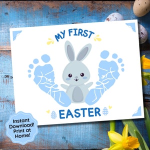 May include: A printable card with a blue bunny and two blue footprints. The card says "My First Easter".