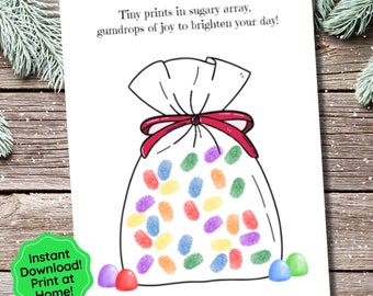 Może przedstawiać: Drukowalna strona do kolorowania przedstawiająca worek kolorowych żelków z tekstem "Tiny prints in sugary array, gumdrops of joy to brighten your day!" i "Instant Download! Print at Home!"