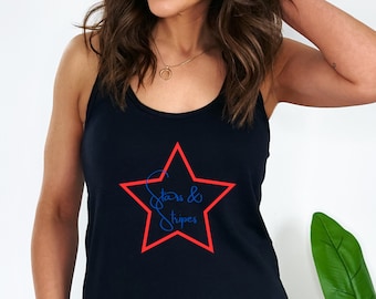 Canotta a spalle scoperte a stelle e strisce da donna, camicia patriottica del 4 luglio, carro armato del giorno dell'indipendenza, carro armato USA, carro armato americano, camicia USA
