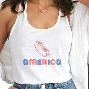 Women&#39;s America Racerback Tank, Hot Dog Tank, Patriotic Fourth of July Shirt, Independence Day Tank, USA Tank, American Tank, USA Shirt