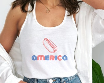 Frauen Amerika Racerback Tank, Hot Dog Tank, patriotisches Fourth of Juli Shirt, Unabhängigkeitstag Tank, USA Tank, amerikanischer Tank, USA Shirt