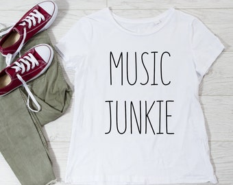 音楽ジャンキーシャツ、音楽愛好家シャツ、音楽愛好家Tシャツ、音楽愛好家ギフト、女性用音楽シャツ、男性用音楽シャツ、音楽ギフト