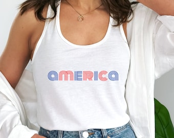 Vintage Style America Racerback Tank da donna, Carro armato America, Camicia America, Camicia 4 luglio, Camicia Giorno dell'Indipendenza, Camicia Patriottica