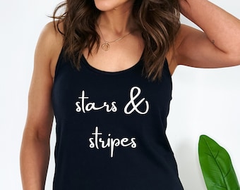 Canotta a spalle scoperte a stelle e strisce da donna, camicia patriottica del 4 luglio, carro armato del giorno dell'indipendenza, carro armato USA, carro armato americano, camicia USA