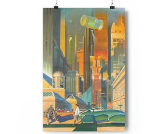 May include: A futuristic city scene with tall buildings, a flying vehicle, and a green car. The scene is painted in a vibrant style with warm colours.