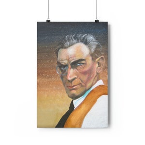 May include: A painting of a man with a serious expression. He is wearing a white shirt, a brown jacket, and round glasses. The background is a gradient of yellow, orange, and blue.