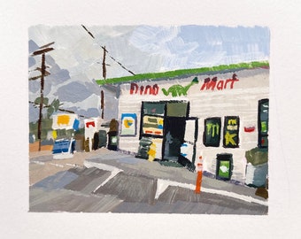 Original Painting San Pedro Sinclair Gas Station Dino Mart Gouache California