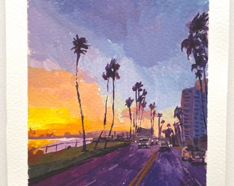 Original Painting Long Beach Sunset Over San Pedro, Port of Los Angeles California